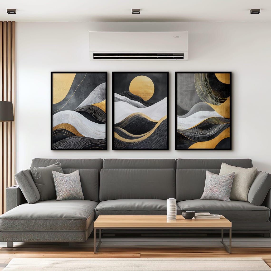Set of Three Black and Gold Abstract Waves with Golden Sun Art Poster - Image 2