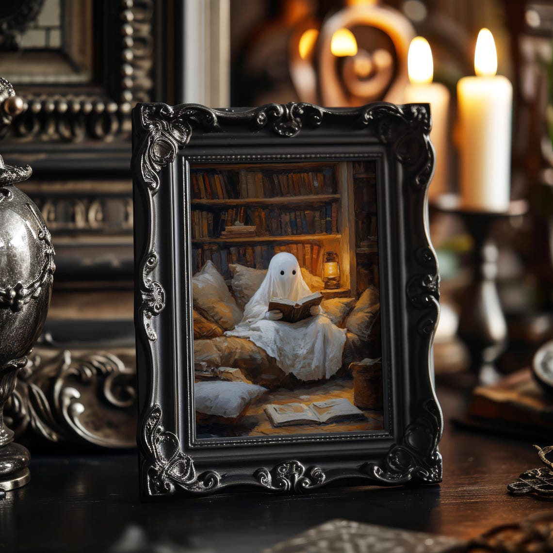 Cozy Ghost Reading Book in Spooky Library Halloween Art Poster - Image 3