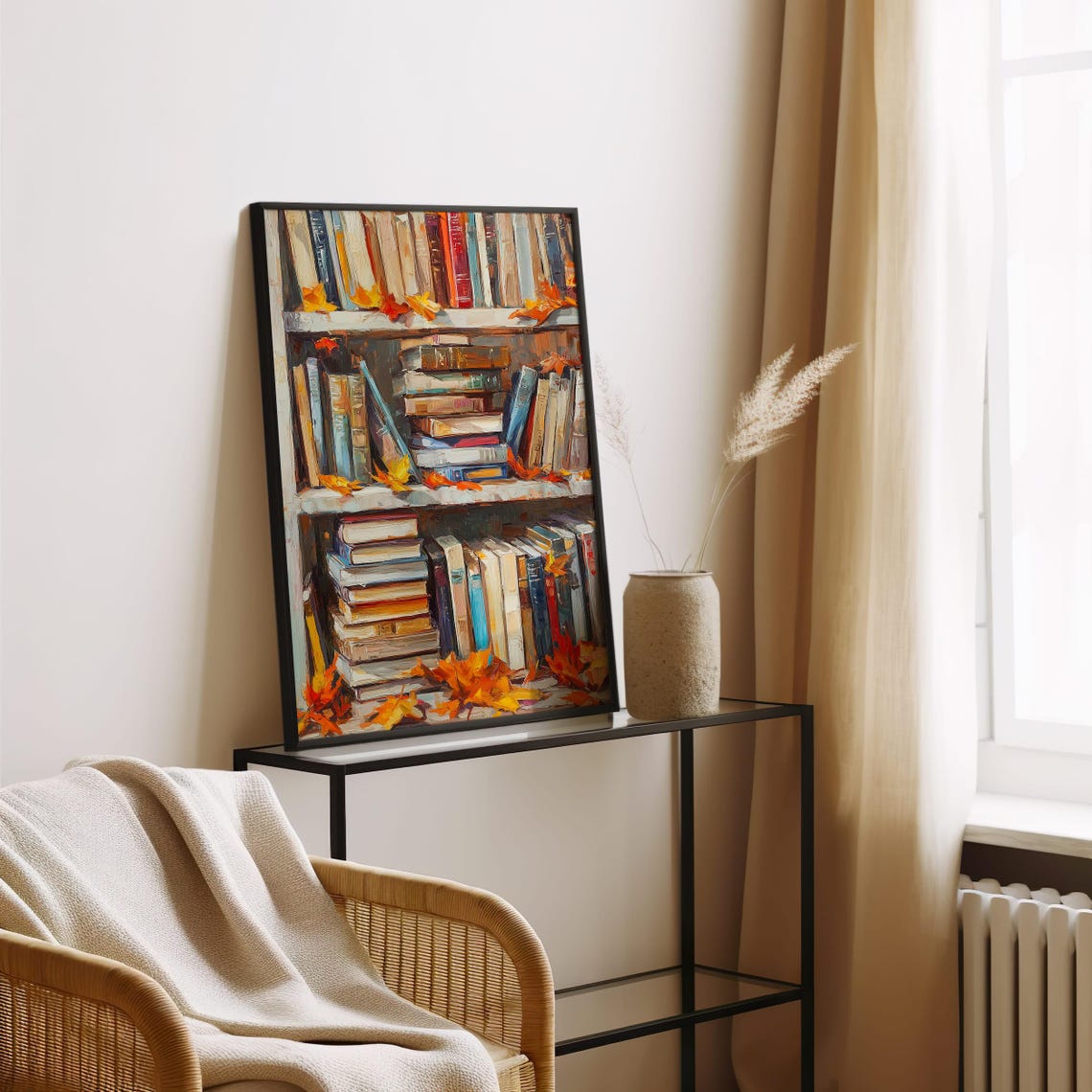 Autumn Bookshelf Painting With Fall Leaves Cozy Library Poster - Image 3