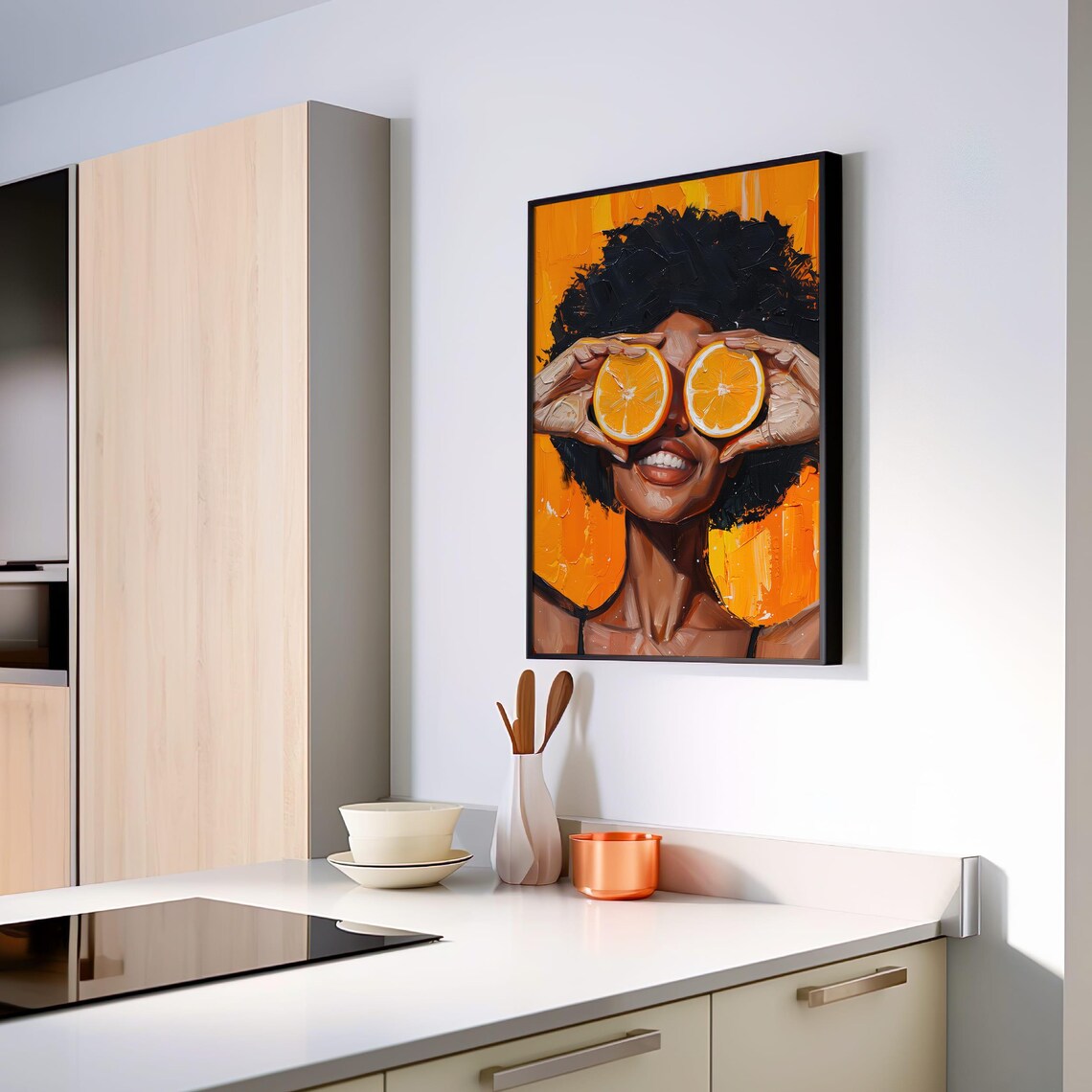 Vibrant Black Woman Holding Orange Slices Over Her Eyes Poster - Image 4