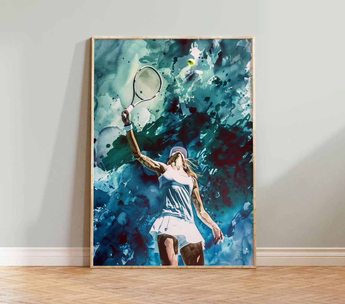 Female Tennis Player Serving Teal Watercolor Sports Art Print