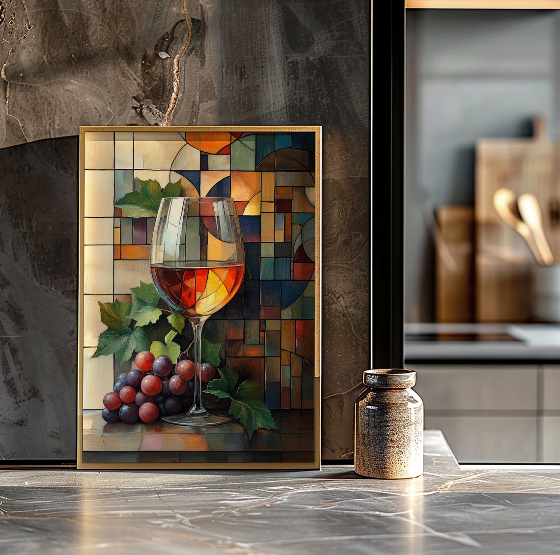 Stained Glass Style Wine Glass with Grapes Vibrant Mosaic Art Poster - Image 6