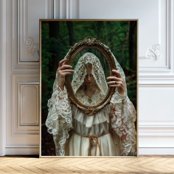 Dark Academia Woman Holding Golden Mirror In Forest Moody Art Poster