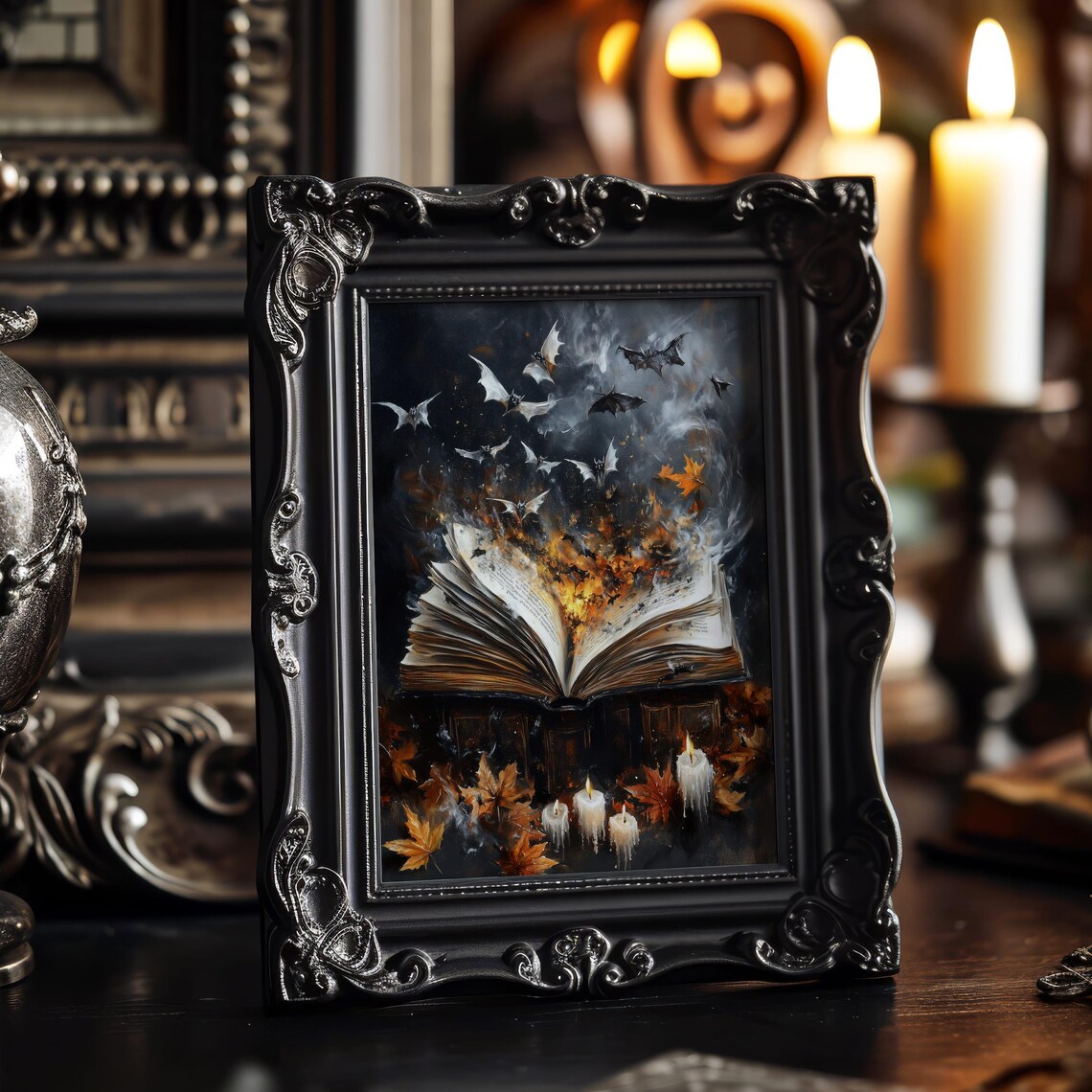 Open Magic Book with Flying Bats and Flames Dark Halloween Spell Poster - Image 4
