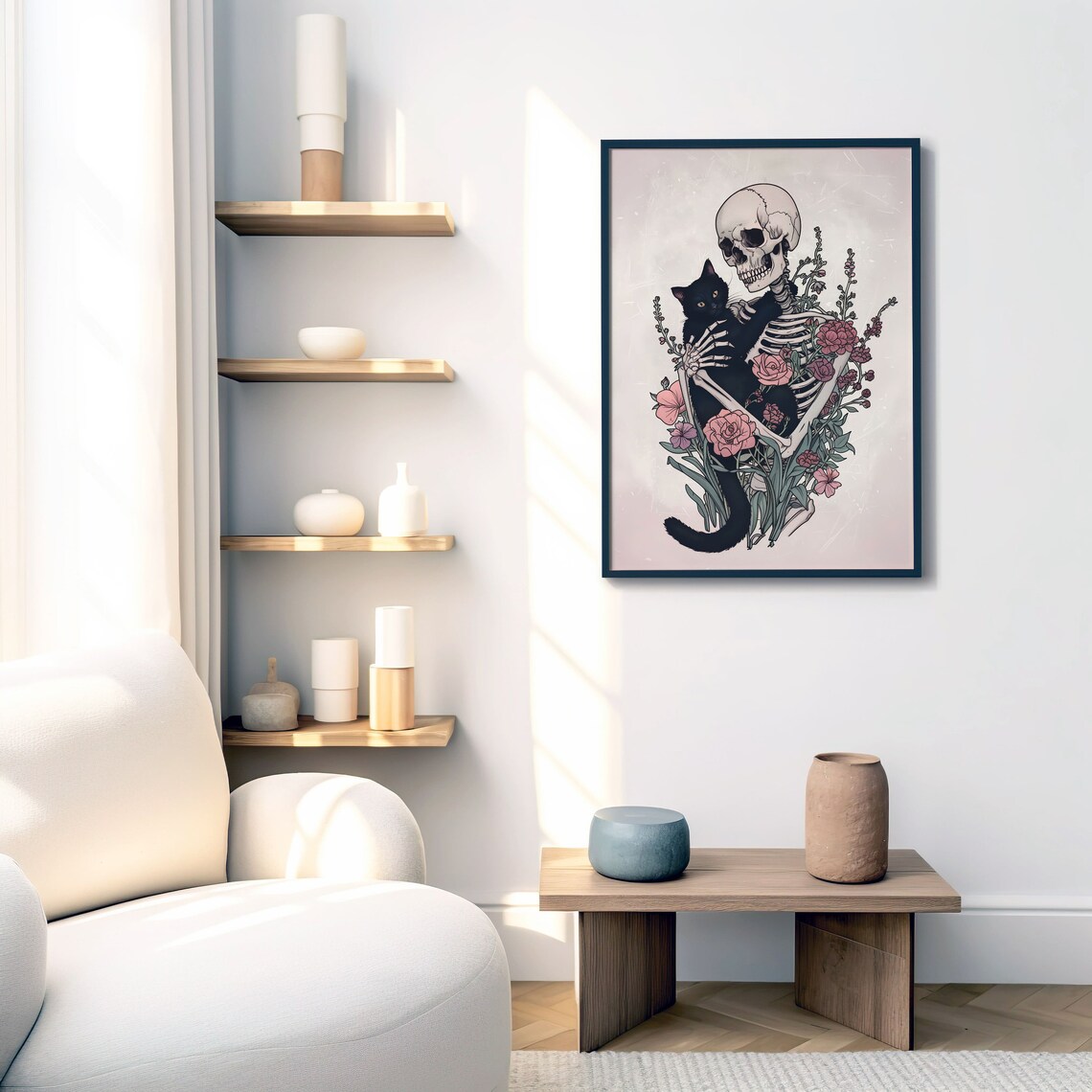 Gothic Skeleton With Cat, Dark Floral Art Print - Image 6