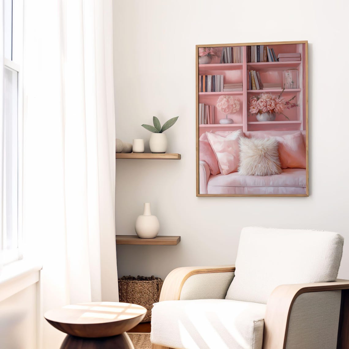 Pink Home Library Bookshelf Cozy Reading Nook Roses Decor Wall Art - Image 8