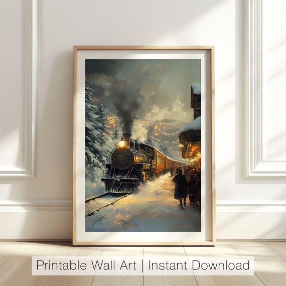 Vintage Steam Locomotive Number 12 Snowy Station Night Poster