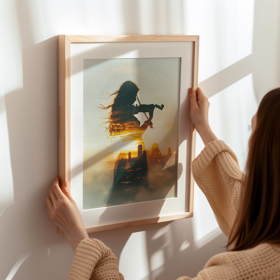 Violinist Silhouette Sunset Cityscape Double Exposure Art Poster - Image 8