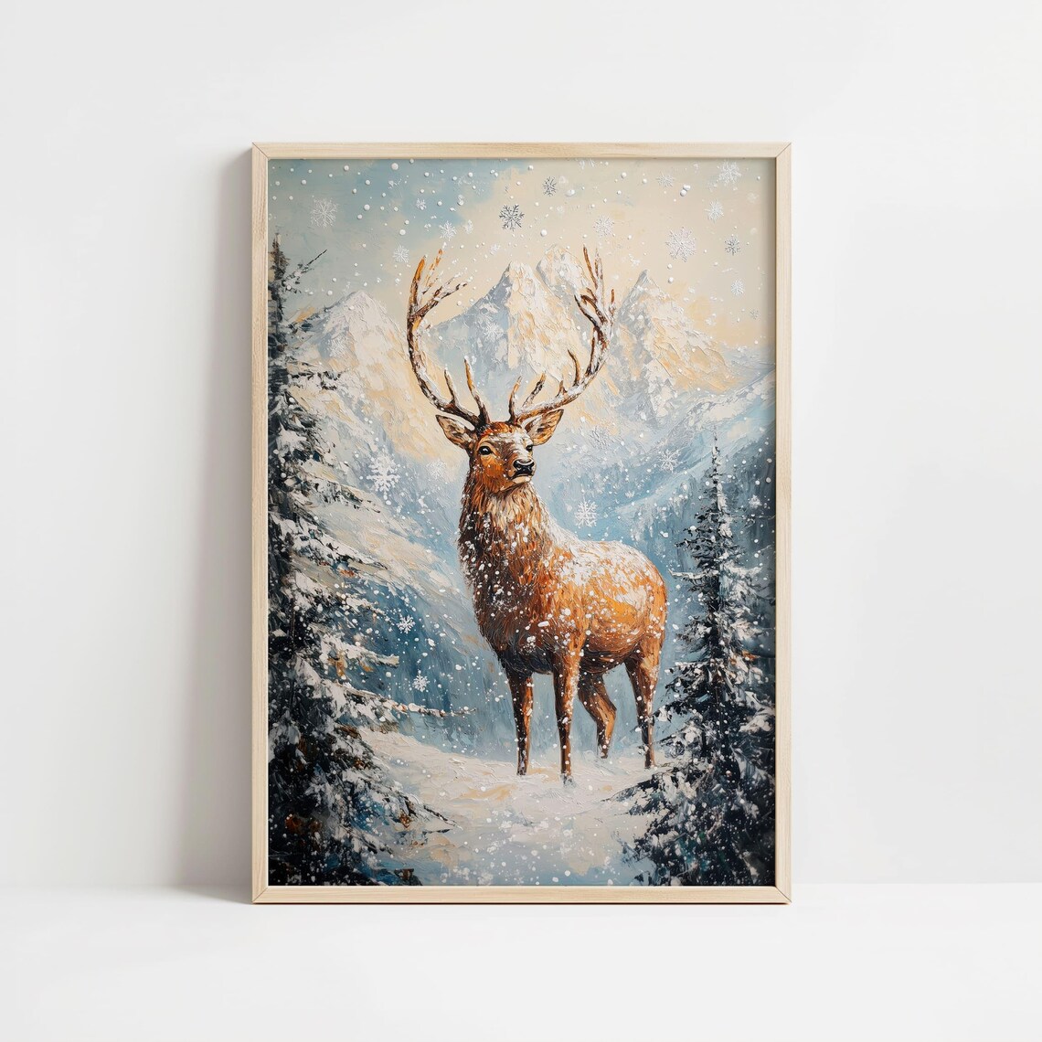 Majestic Stag in Snowy Mountain Landscape with Falling Snowflakes Poster - Image 8
