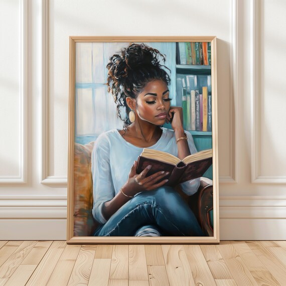 Beautiful Black Woman Reading Book by Window Cozy Library Scene Poster