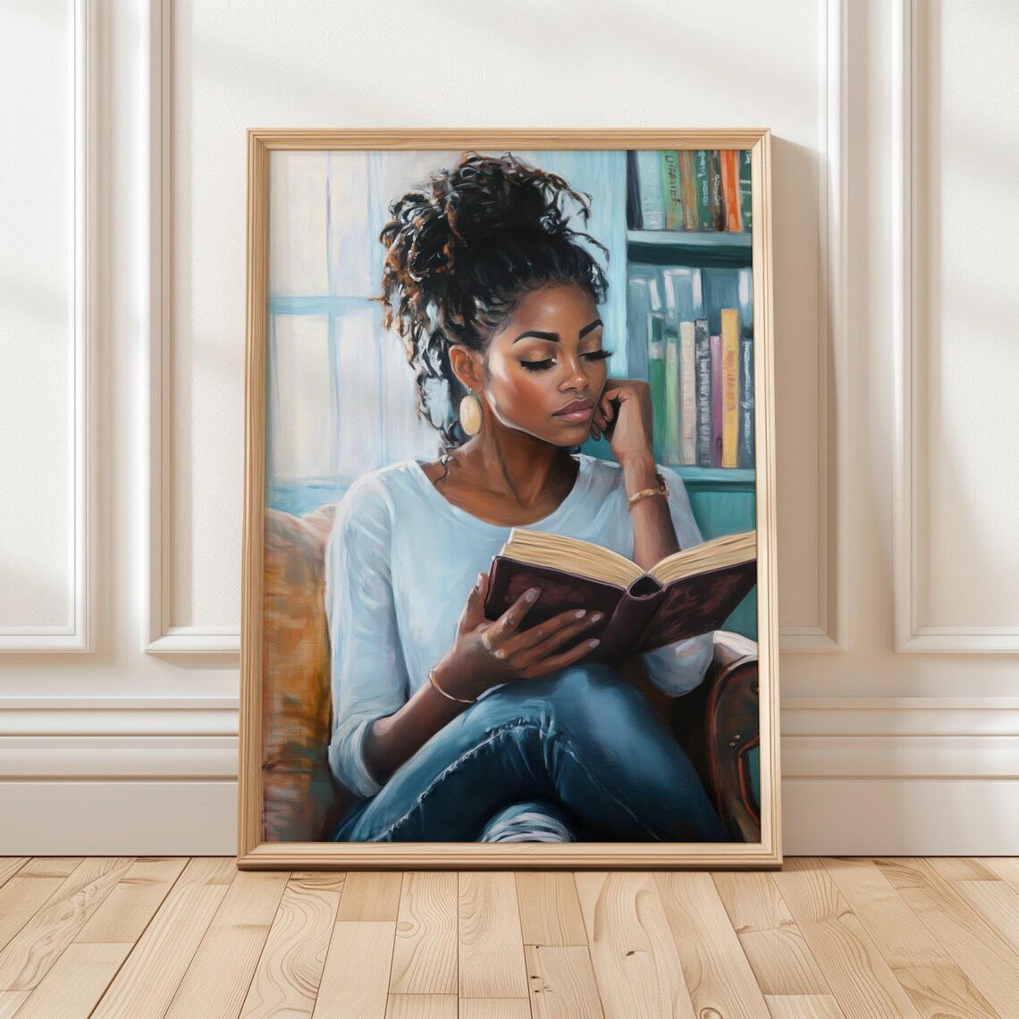 Beautiful Black Woman Reading Book by Window Cozy Library Scene Poster