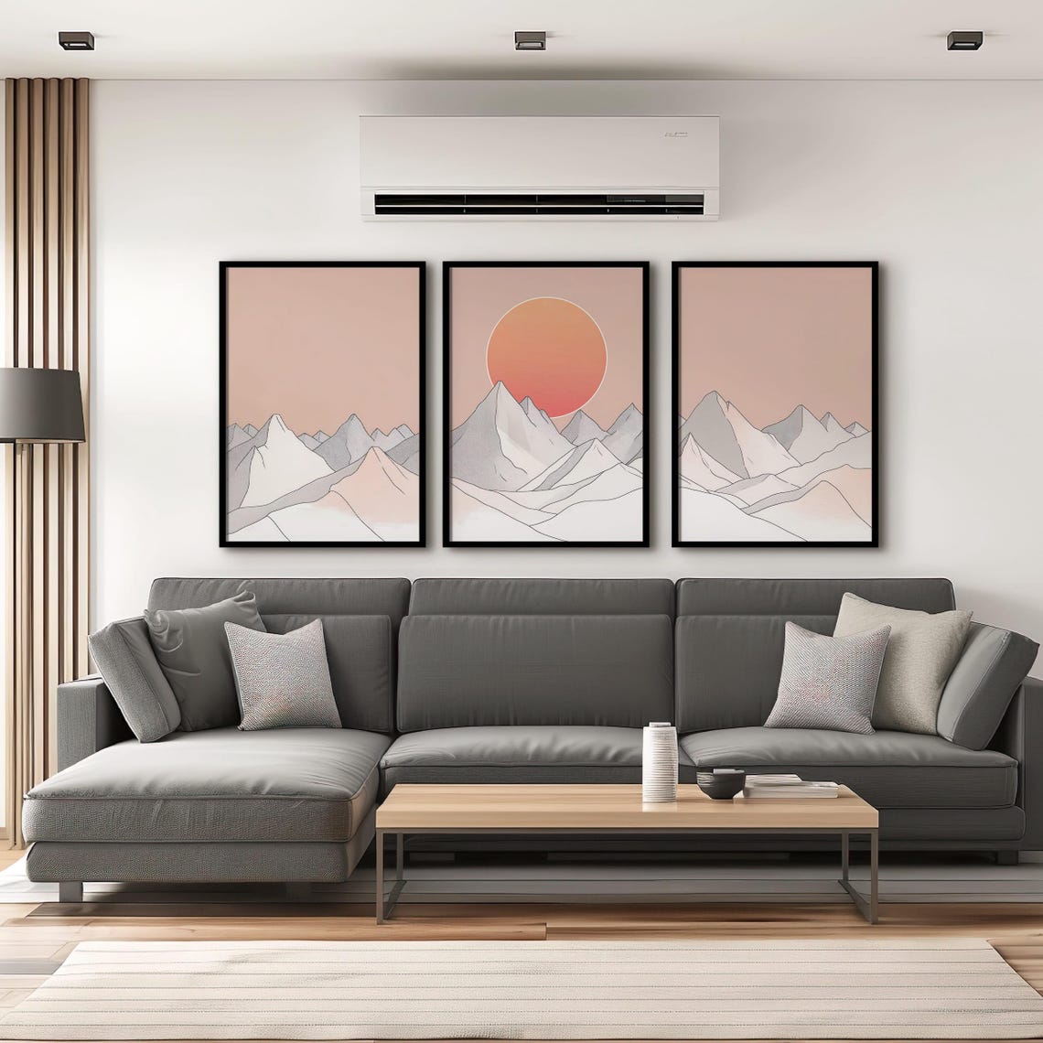 Set of Three Minimalist Line Mountain Art with Blush Sunset Poster - Image 2