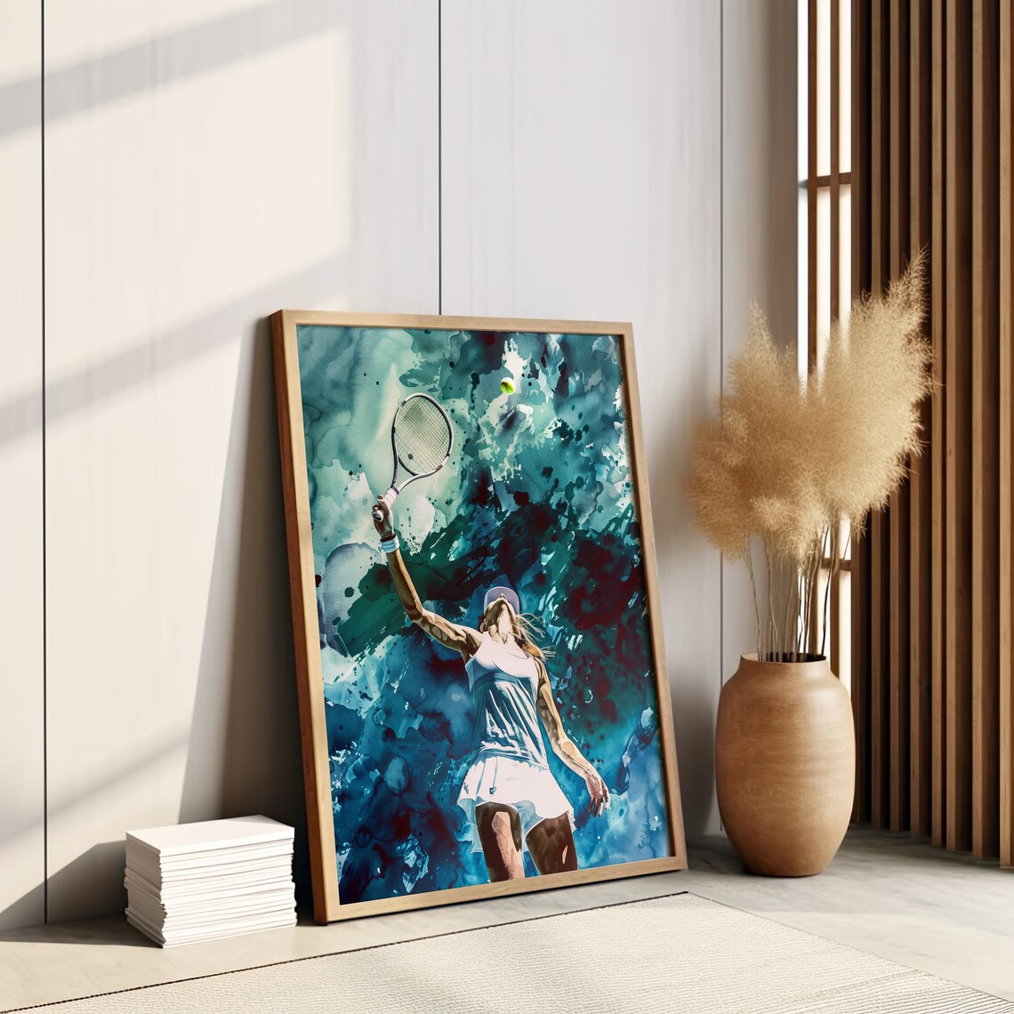Female Tennis Player Serving Teal Watercolor Sports Art Print - Image 3