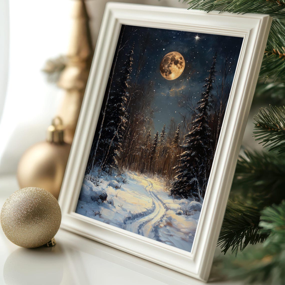 Full Moon Over Snowy Forest Path Winter Night Landscape Poster - Image 4