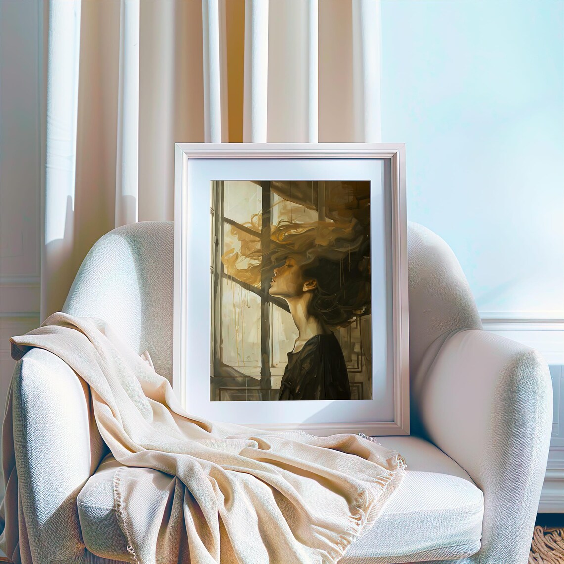 Dreamy Woman Golden Windblown Hair Window Portrait Art Poster - Image 3