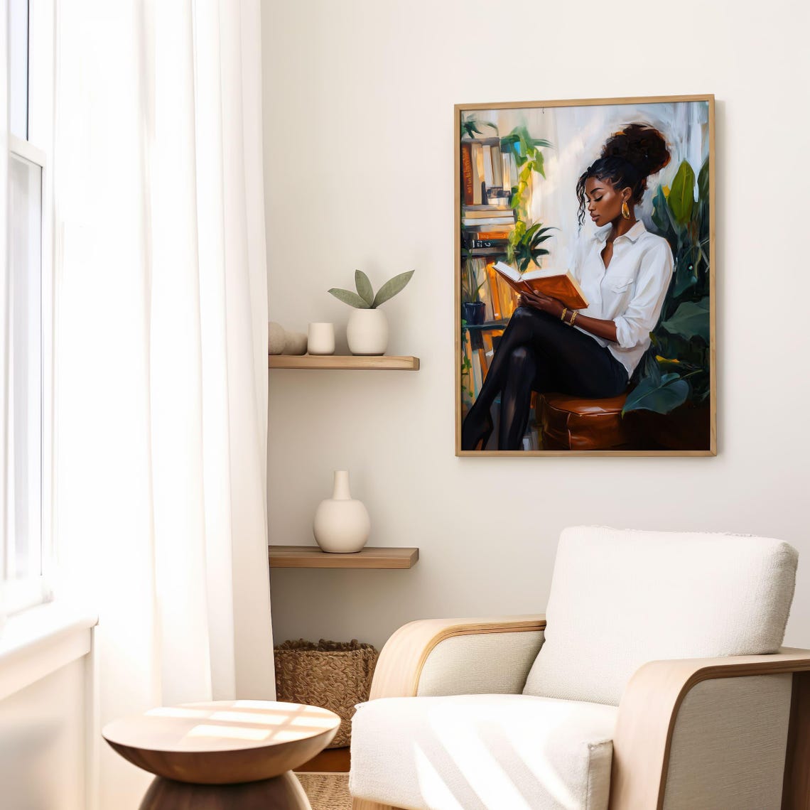 Black Woman With Top Knot Reading In Plant-Filled Library Poster - Image 6