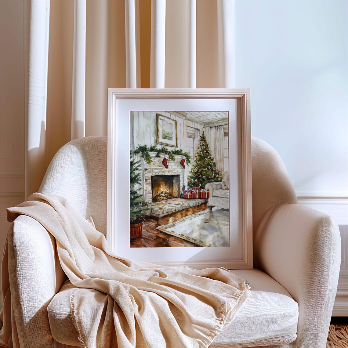 Watercolor Christmas Fireplace With Stockings Holiday Poster - Image 3