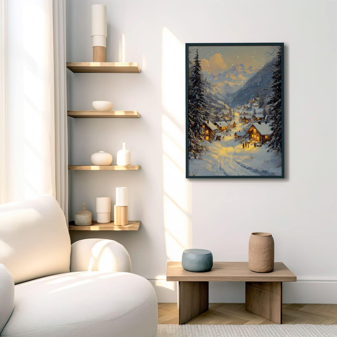 Snowy Village at Dusk with Glowing Cabins Winter Mountain Scene Poster - Image 2