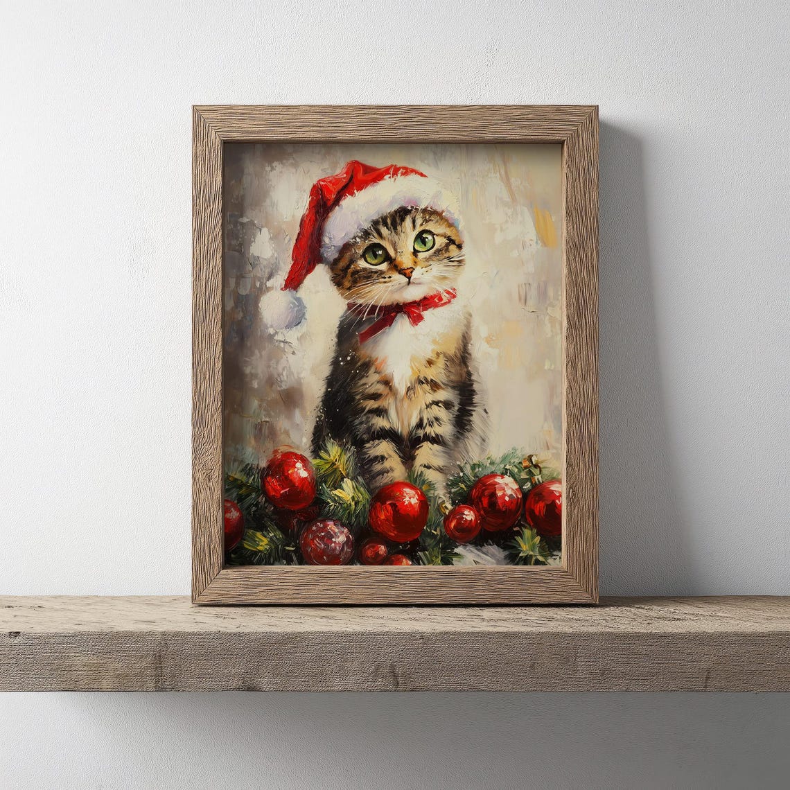 Tabby Kitten in Santa Hat With Christmas Ornaments Painting Poster - Image 4