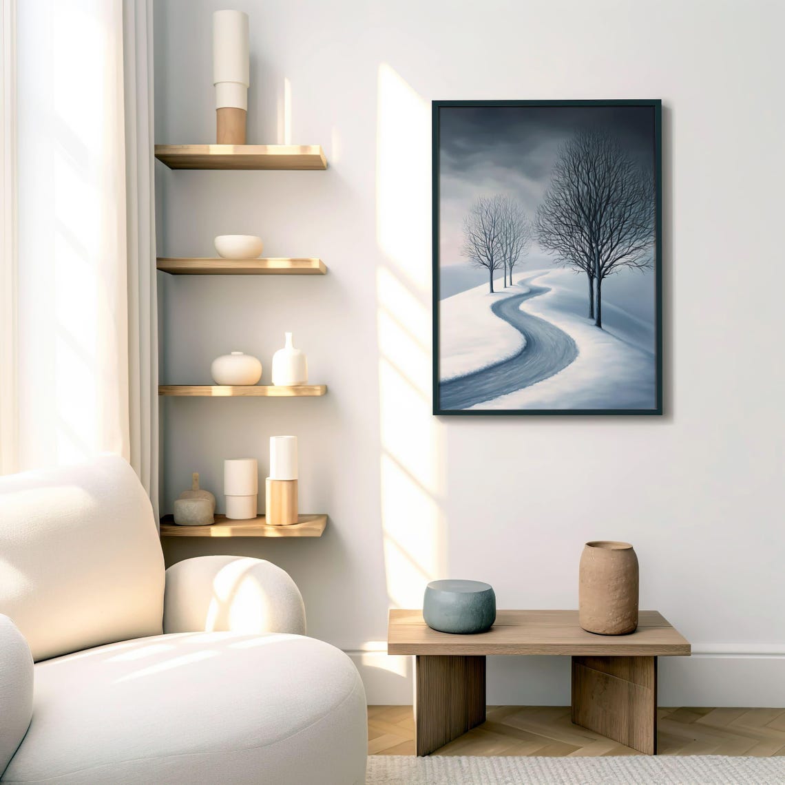 Minimalist Winding Winter Road Through Snowy Bare Trees Poster - Image 2