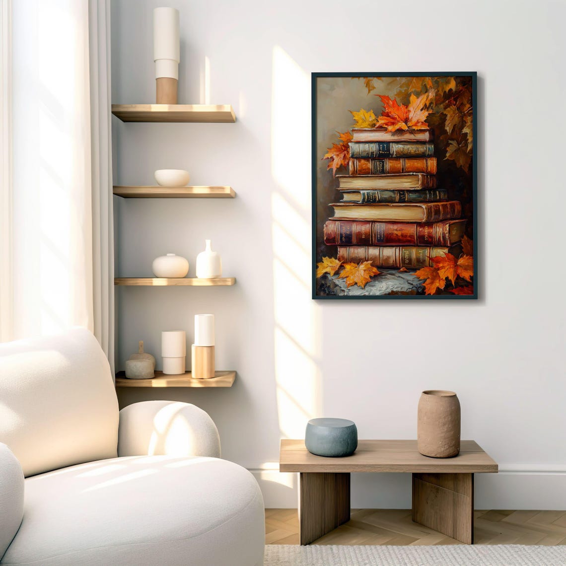 Vintage Stack of Antique Books With Autumn Maple Leaves Poster - Image 2