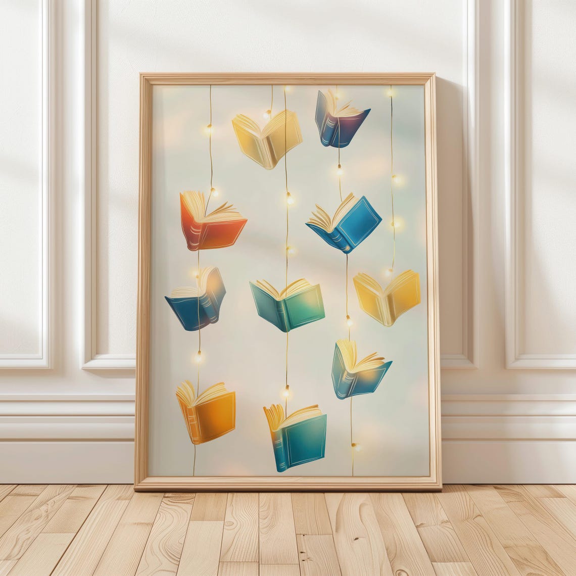 Colorful Floating Books With Fairy Lights Library Art Poster