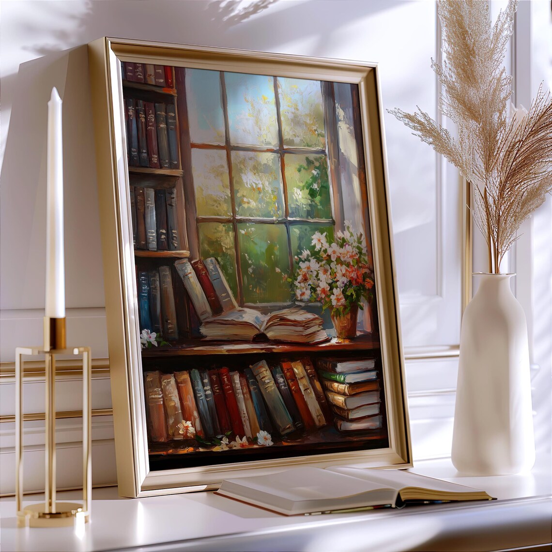 Cozy Vintage Library Art Print, Floral Bookshelf - Image 2