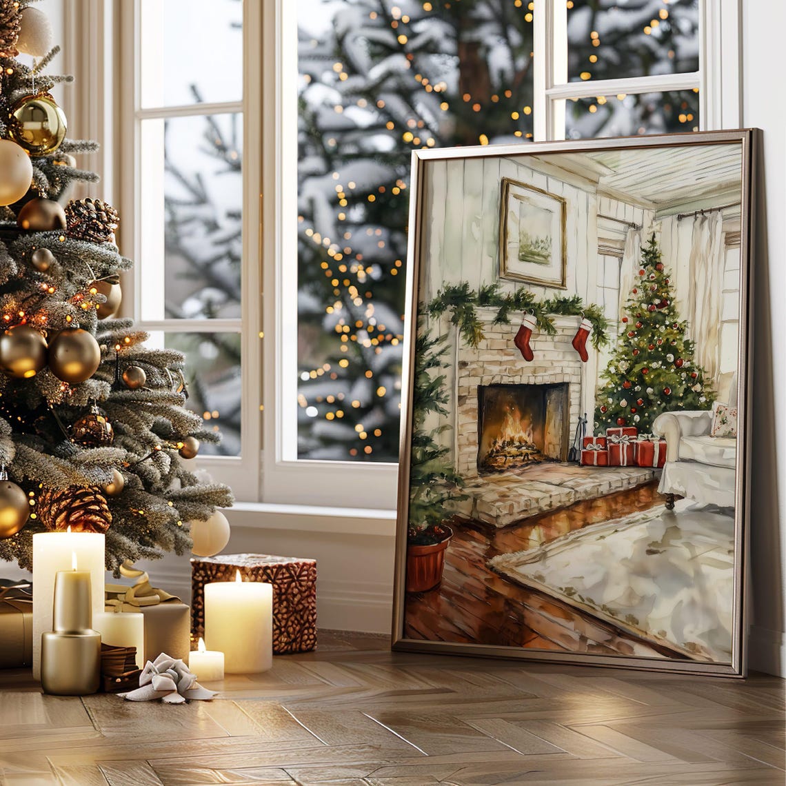 Watercolor Christmas Fireplace With Stockings Holiday Poster - Image 6
