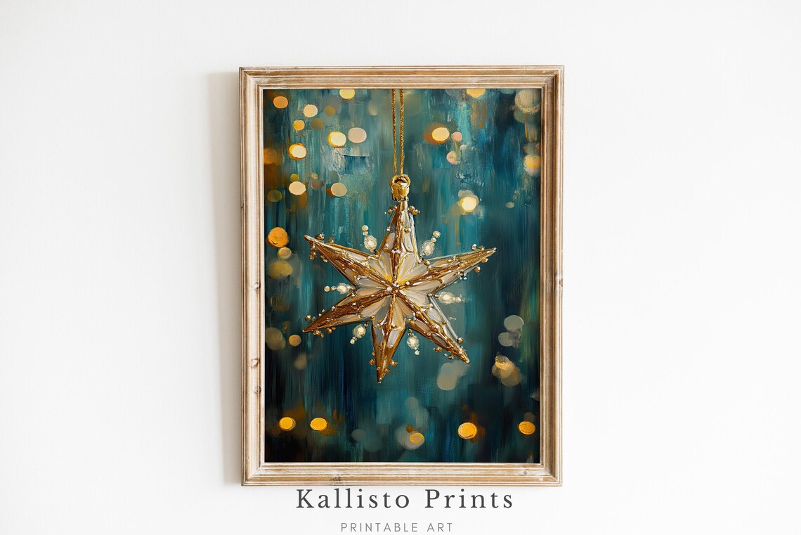 Golden Star Christmas Ornament Teal Bokeh Painterly Art Poster