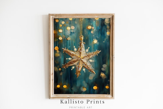 Golden Star Christmas Ornament Teal Bokeh Painterly Art Poster