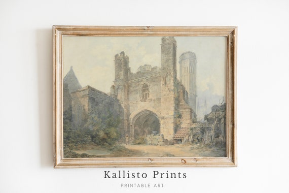 Gothic Ruins Wall Art Castle Architecture Vintage Watercolor Illustration Romantic Historic Decor Ast25