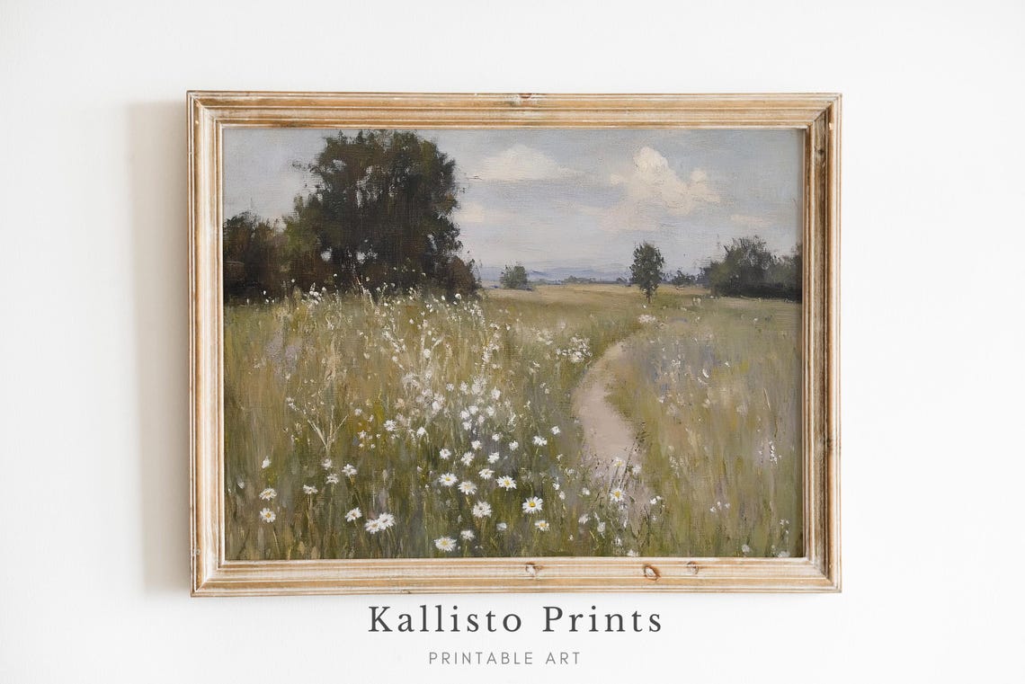 Winding Meadow Path Lined With White Daisies Landscape Poster