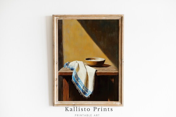 Rustic Still Life Printe Ceramic Bowl With Textured Cloth Decor517