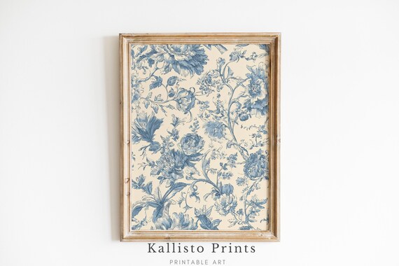 Blue Toile Floral Art Print, French Country Botanical