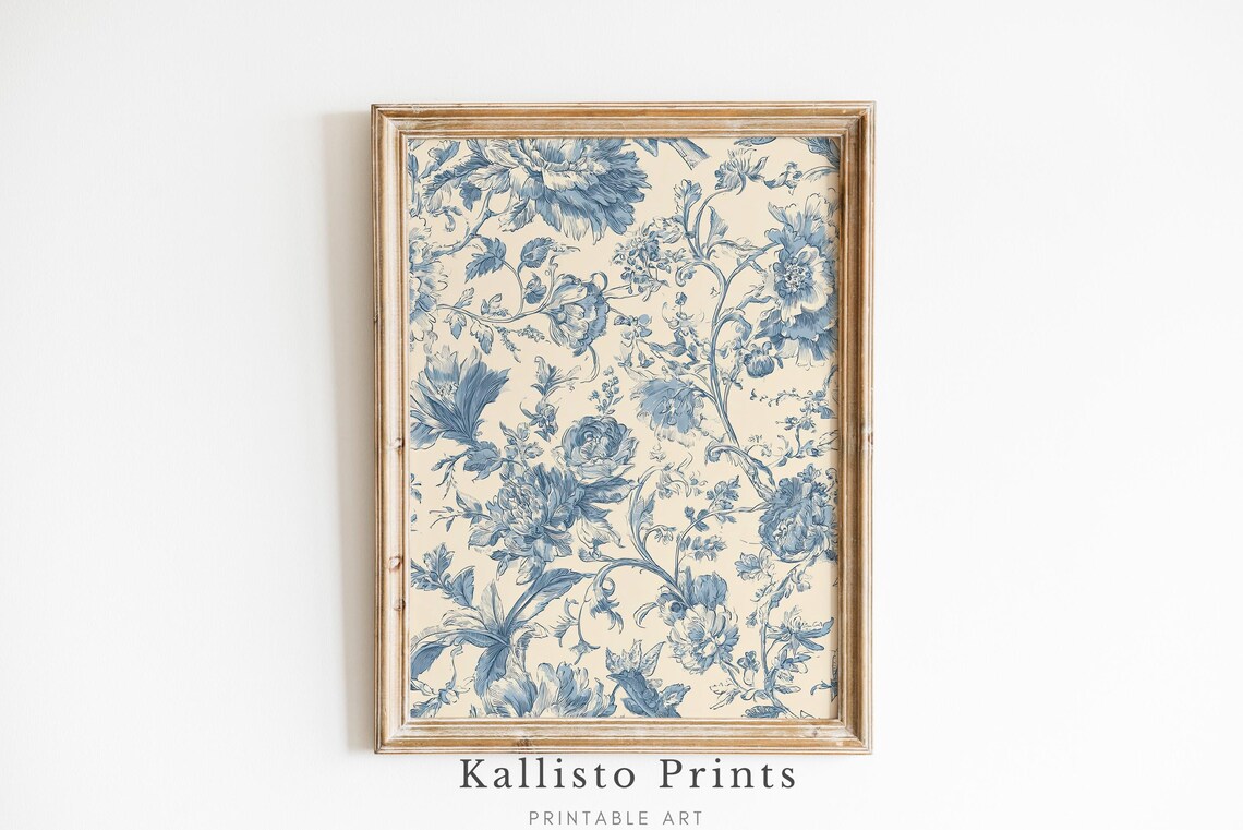 Blue Toile Floral Art Print, French Country Botanical