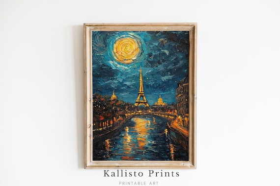 Eiffel Tower Paris Starry Night Seine River Cityscape Poster