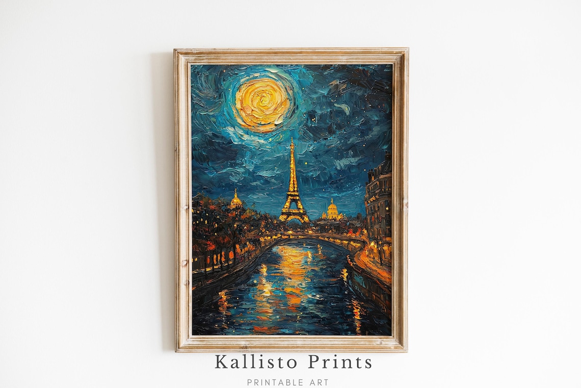 Eiffel Tower Paris Starry Night Seine River Cityscape Poster