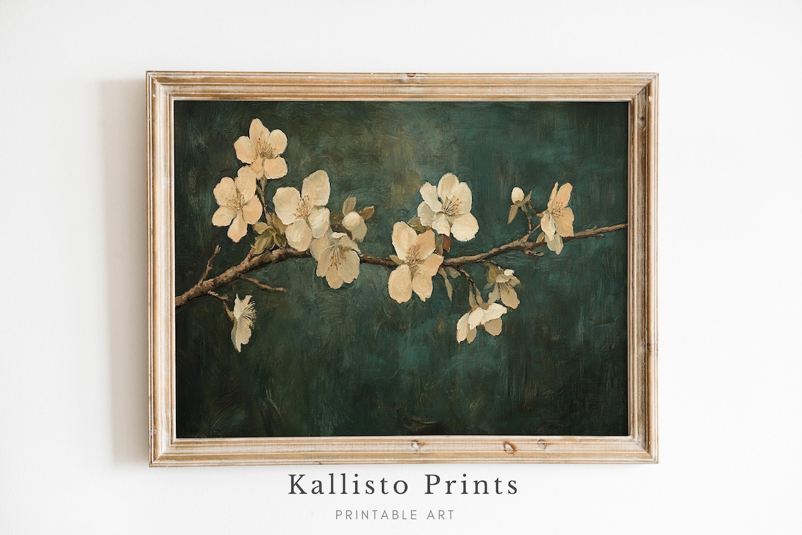 Vintage Cream Blossom Branch Dark Green Oil Painting Art Poster