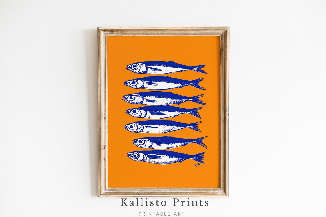Blue Sardine Wall Art Modern Kitchen Nautical Decor Bold Fish Print622