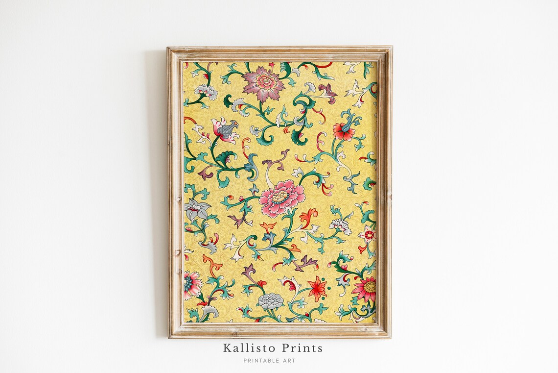 Antique Yellow Floral Textile Pattern Chinoiserie Vintage Poster