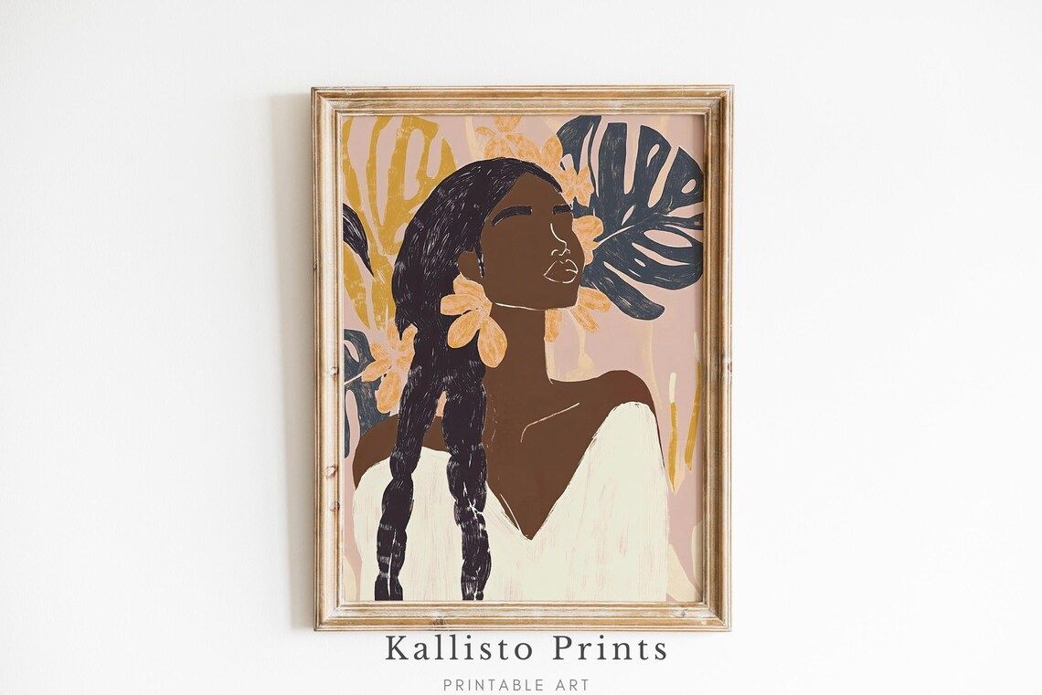 Woman With Long Braids Among Monstera Leaves And Orange Flowers Print