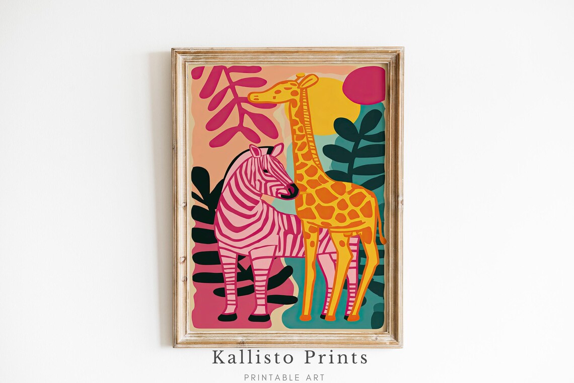 Colorful Giraffe Zebra Jungle Safari Nursery Whimsical Wall Art