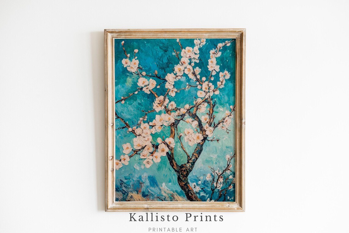 Blossoming Almond Branch Teal Impressionist Spring Floral Art Poster