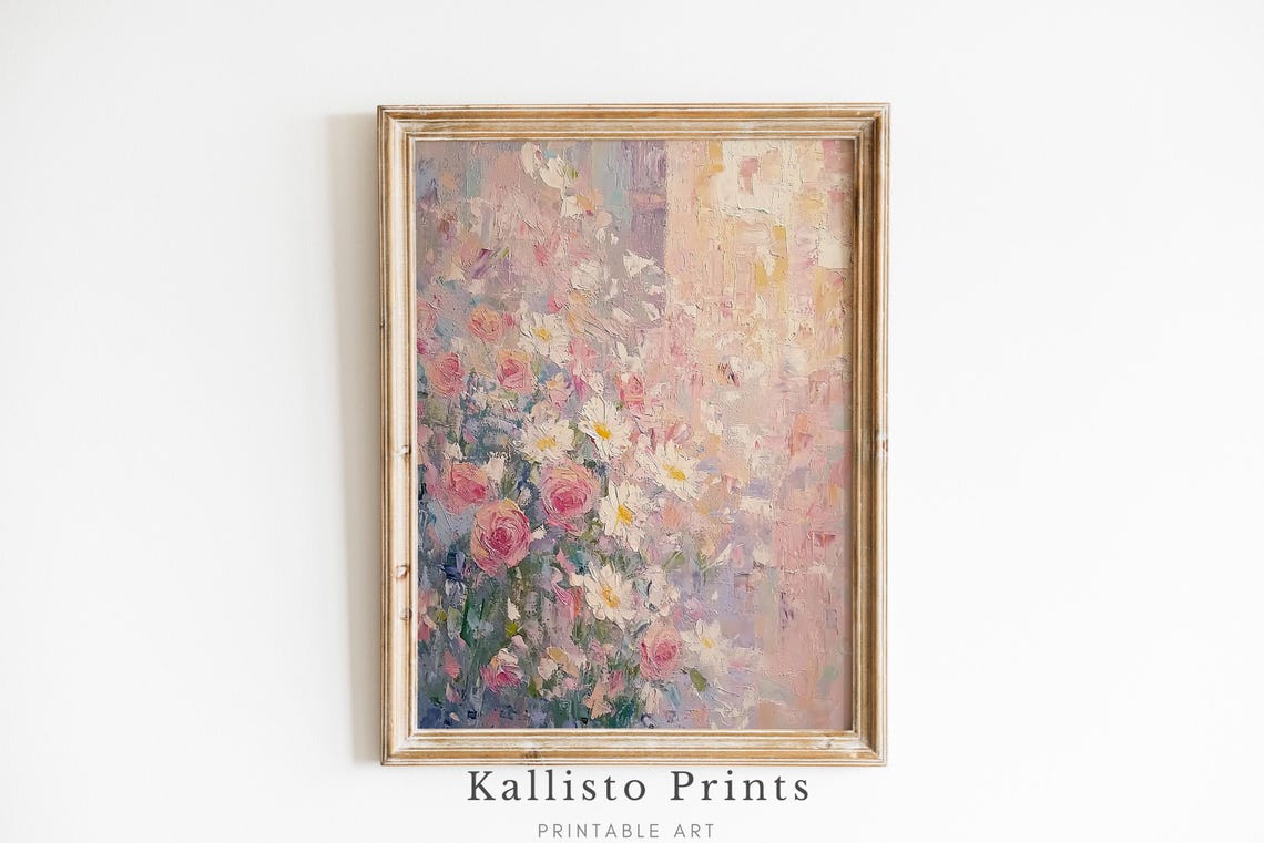 Pink Rose And Daisy Garden Pastel Impressionist Floral Wall Art