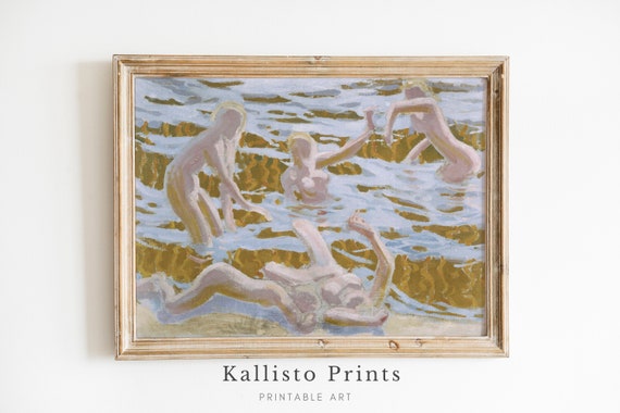 Vintage Bathing Scene Art Print Classical Nude Swimmers Soft Pastel Water Natureinspired Retro Wall Artast18