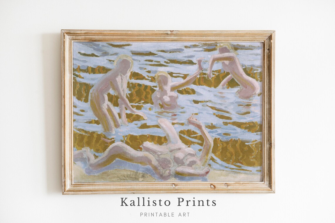 Vintage Bathing Scene With Nude Swimmers In Stylized Sea Art Poster