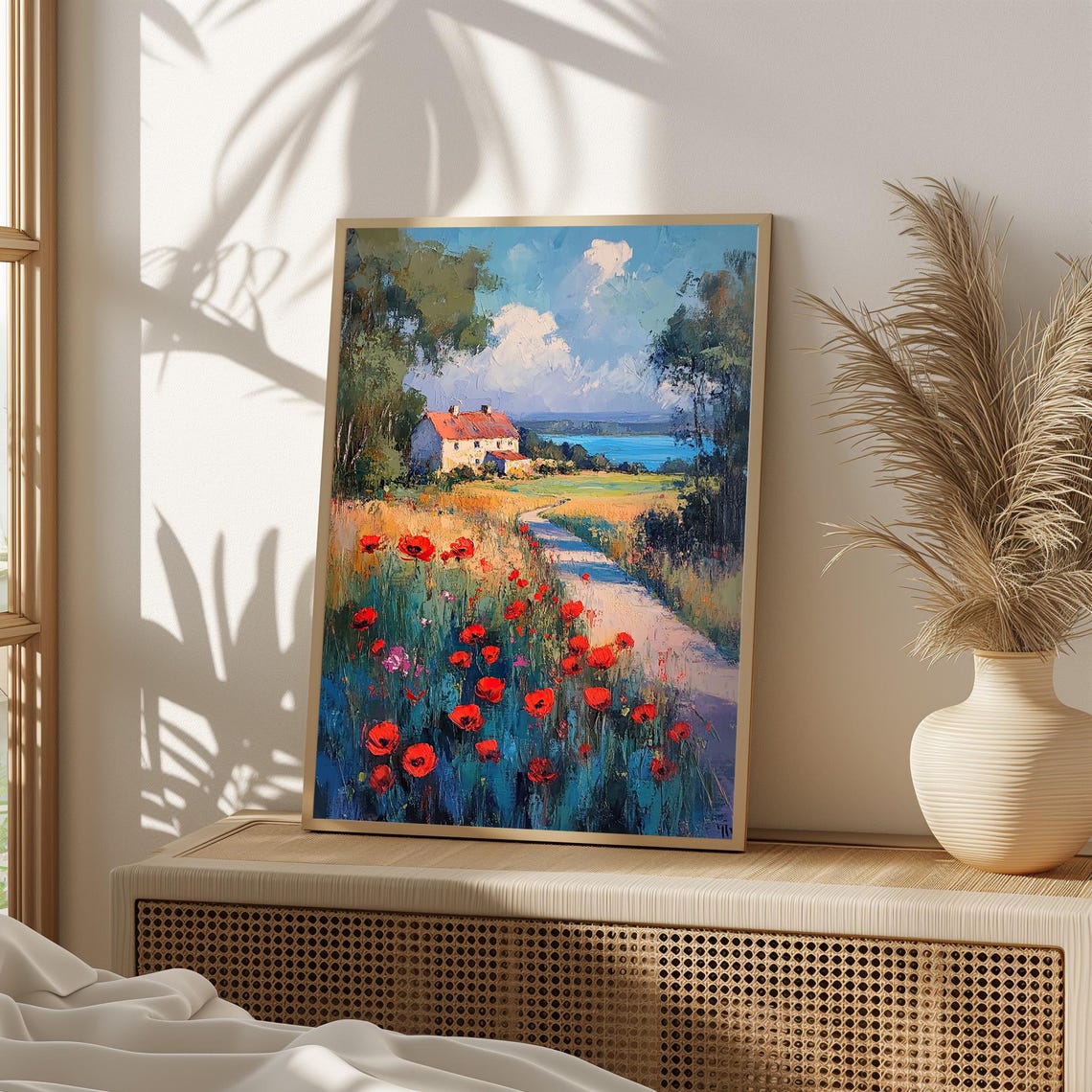 Lakeside Cottage Red Poppy Path Summer Meadow Impressionist Poster