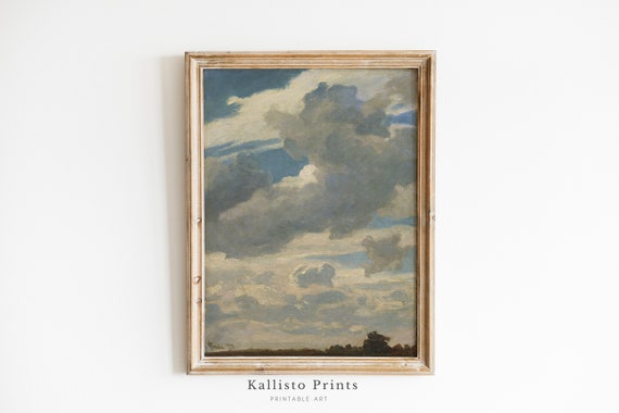 Vintage Cloudscape Painting Serene Sky Wall Art Blue And Gray Clouds Print Natureinspired Decor Classical Landscape Artast6