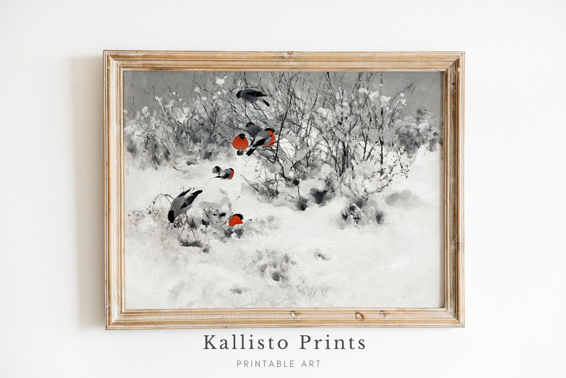 Bullfinches On Snowy Branches Vibrant Red Winter Birds Poster