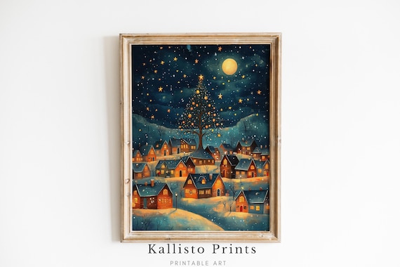 Christmas Village Night Scene Art Print